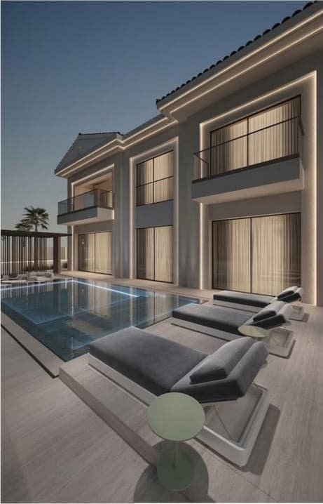 التصميم المقترح لفيلا في جميرا جولف ستيت بدبي — إظهار مسائي ثلاثي الأبعاد من آرتا بلس استوديو
